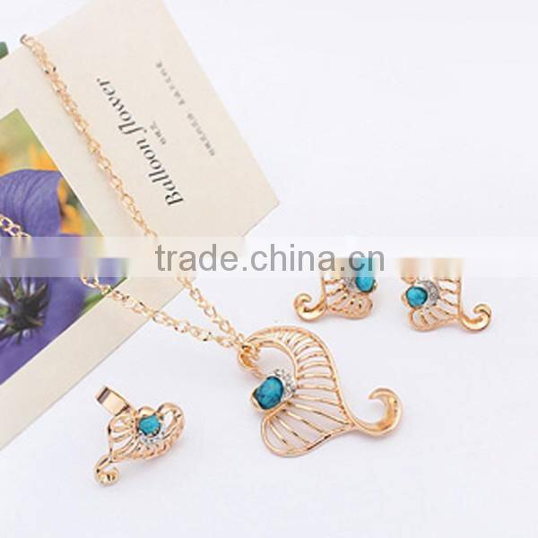 Fresh Jewelry Golden Heart Necklace Earring And Ring Sets