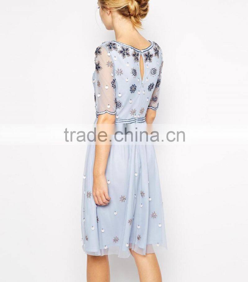 Elegant tulle fashion beaded light blue young girls casual dress