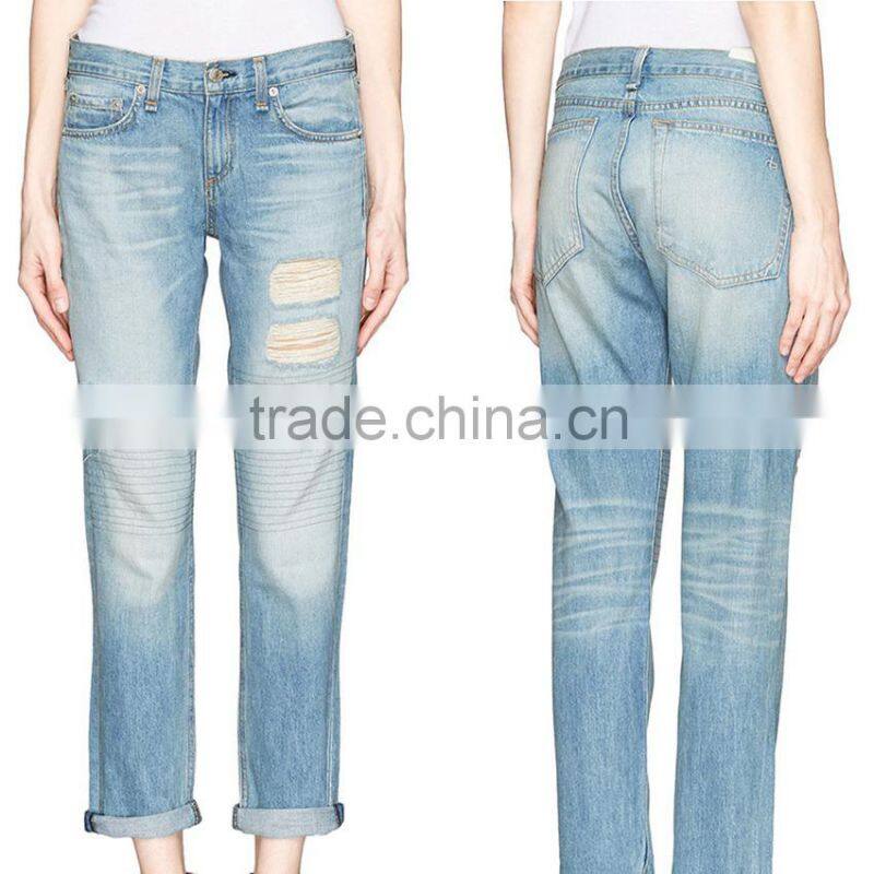 2014 100% Cotton Washed Distressed Hot Boyfriend Denim Pant Light Blue Women Jeans Wholesale Price China