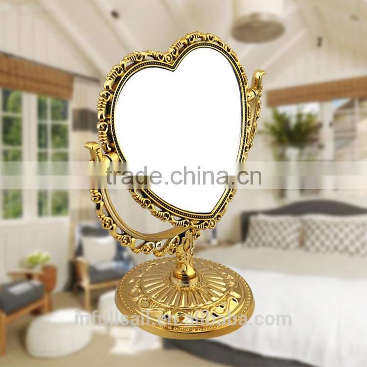 Plastic double sides heart-shaped 2x magniying cosmetic mirror high quality free standing desktop mirror