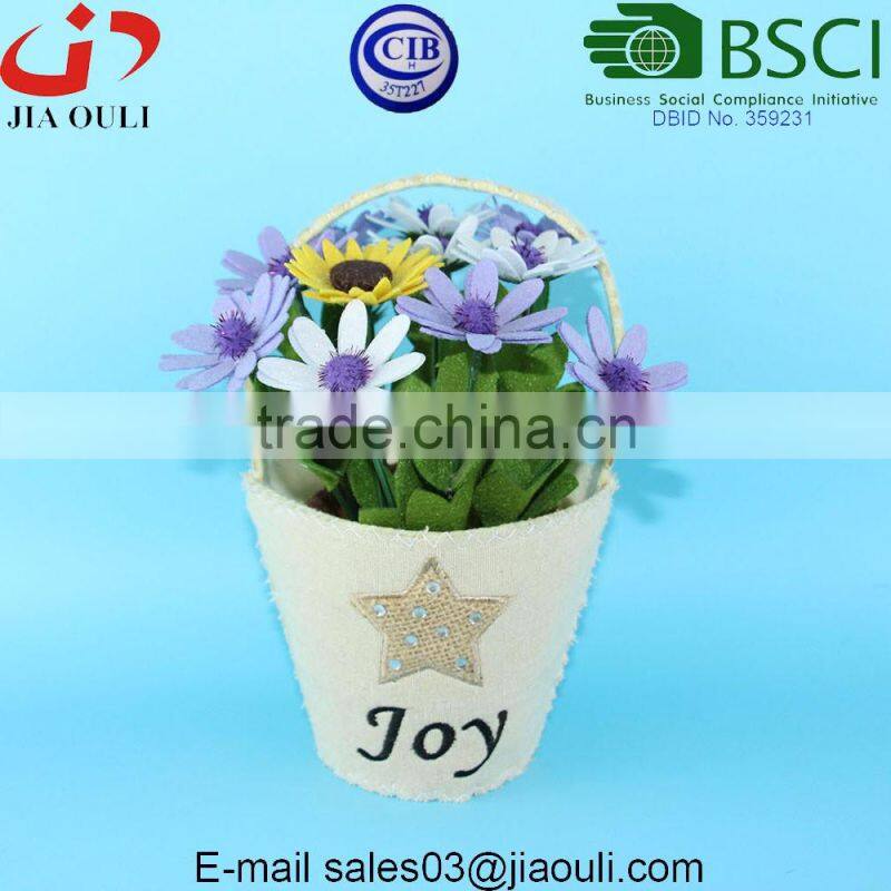 Fabric planter with handle and Linen cover, felt basket for flowers