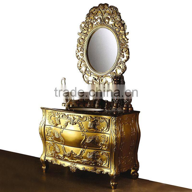 Italian Neo Classic White and Golden Custom Solid Wood Single Basin Bathroom Cabinet with White Marble Countertop BF12-06134a