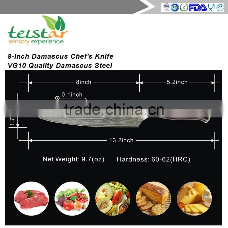 8-inch Damascus Chef's Knife - VG10 Quality Damascus Steel, 67 Layers Full-tang Blade-razor Sharp with Protective Bolster