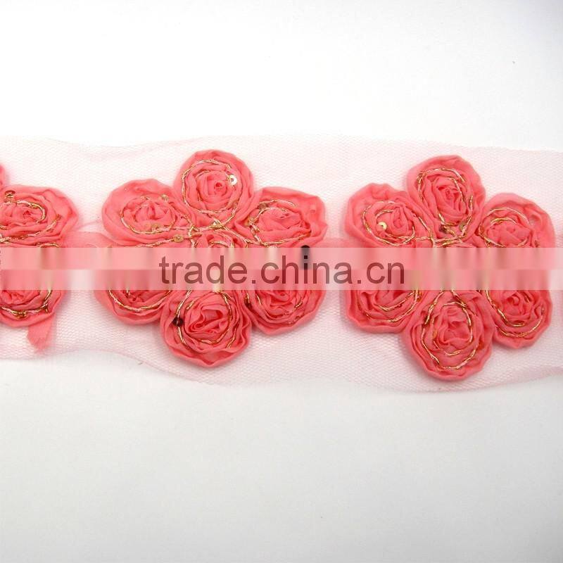 New latest csutom gold line chiffon flower applique work designs for dress
