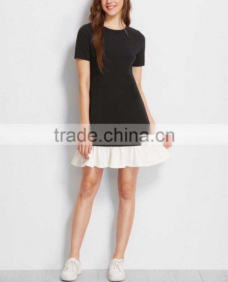 clothing/women fashion dresses/Black Contrast Ruffle Trim Short Sleeve Tee Dress