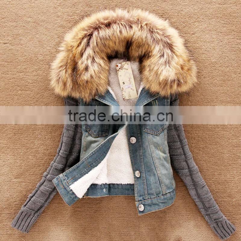 2016 Women winter removable denim parka coat wholesale denim jacket with raccoon fur collar