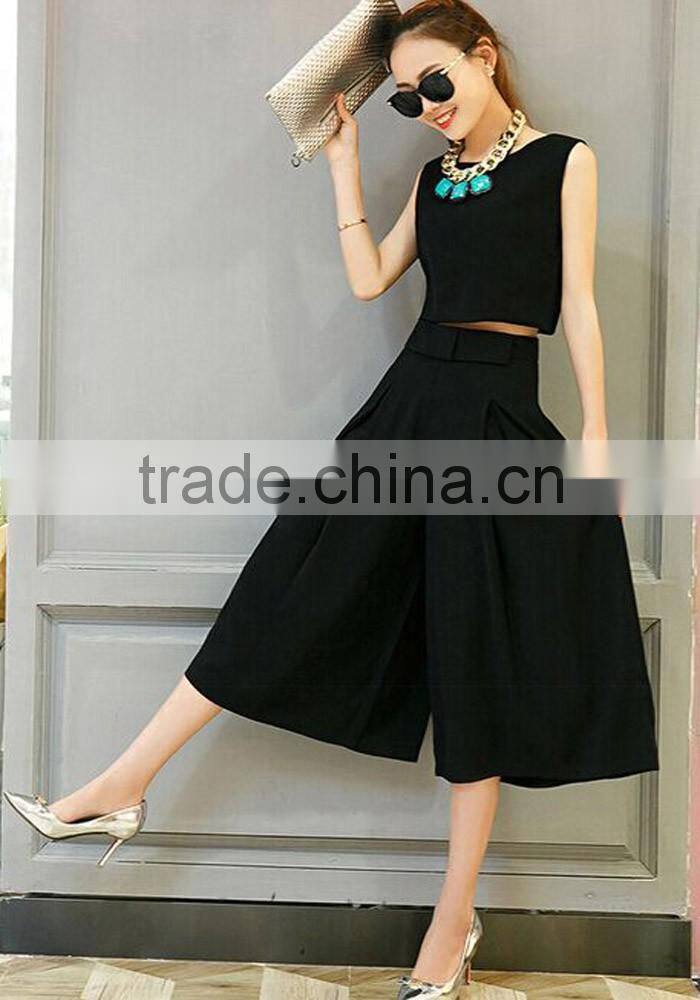 Fashion women clothing two pieces sleeveless black plain salwar suit with wide legging pants