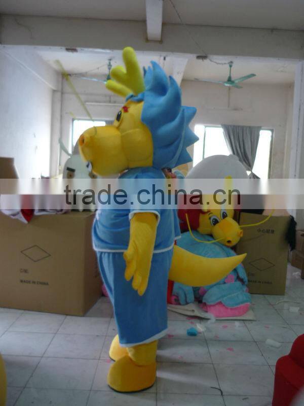 Yellow Dragon With Blue Suit Mascot Costume