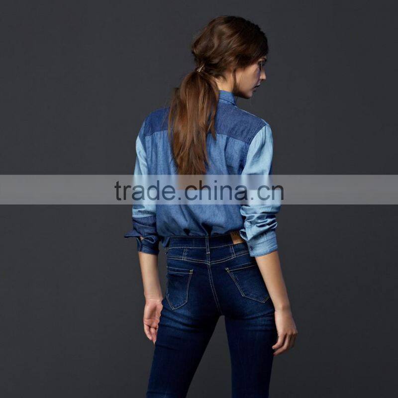 hot sale women denim shirt with pocket and block fashion design hot sale