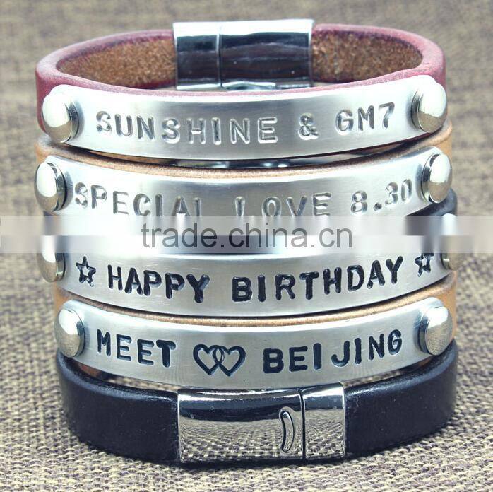 wide cuff leather bracelet bangle with letter printing custom logo print leather bracelet cheap promotion leather bracelet