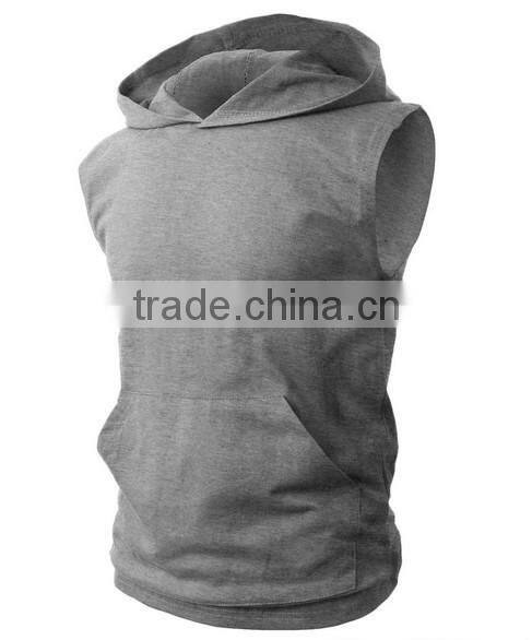 OEM new design cotton plain mens custom sleeveless hoodie with pocket