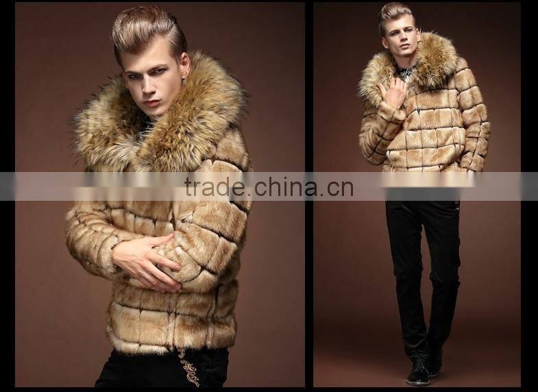 Super quality Man's Fox fur coat with raccoon fur collar jackets printed man's faux fur jackets short coat