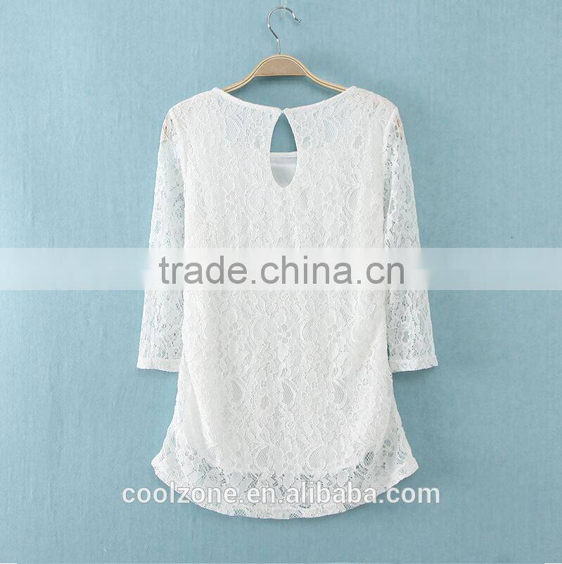 Elegant white basic woman blouse fashion sheer crochet lace blouse 2015