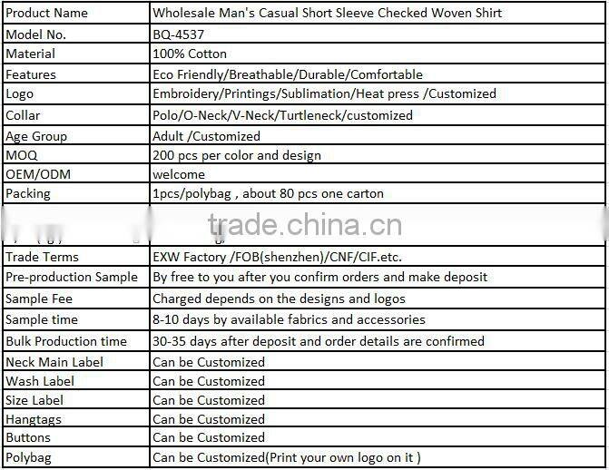 Wholesale Man's Casual Short Sleeve Checked Woven Shirt