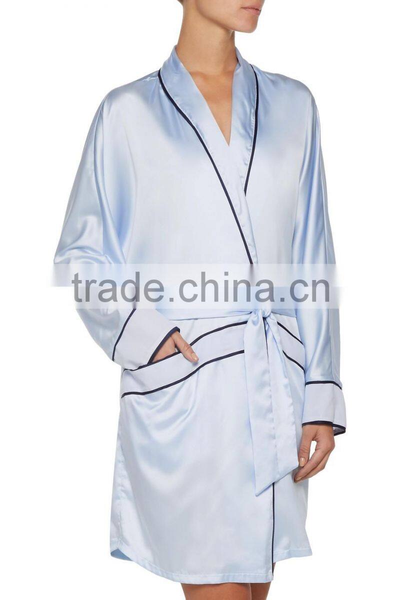Custom Made 100% Polyester Hand Wash Sky-Blue Silk Night Gown for Women
