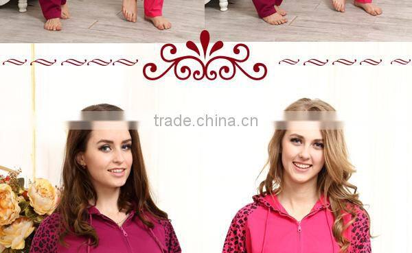 Cute design pajamas for winter Leopard french terry active pajamas with hood and pocket women pajamas