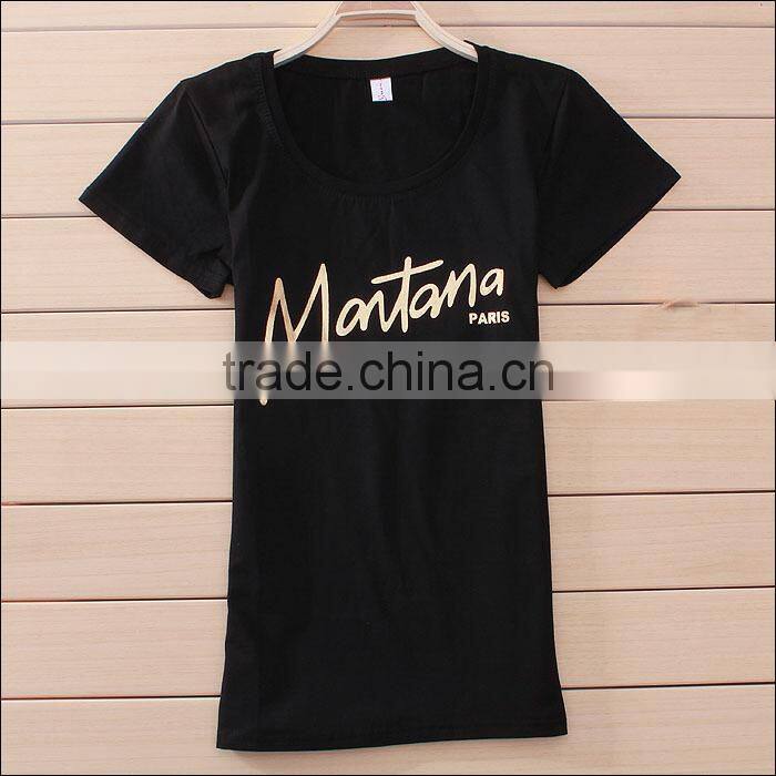 Gold printing deep round neck black t-shirt women