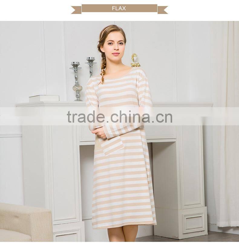 2017 Best Qianxiu Autumn Inner Home Women Lady Girl Cotton Long Sleeved Strip Chinese Women Nightgown