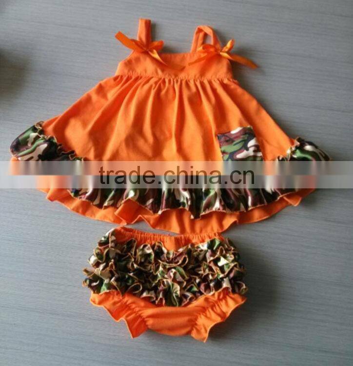 Wholesale orange camo ruffle toddler baby girls top & bloomer set M5040606