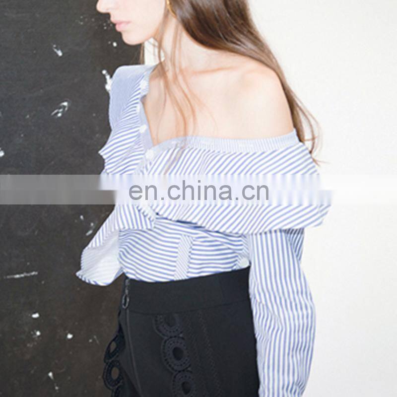 2017 summer new style navy stripe jumpsuit long sleeve one shoulder lotus neck cotton top and mini lace pant sets