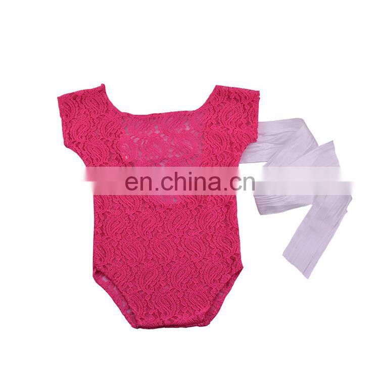 7 colors newborn baby photography prop lace baby romper with bow streamer