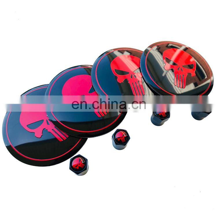 Skull Emblem Decals 2.2" Dome Punisher Wheel Center Cap Sticker with tire valve caps
