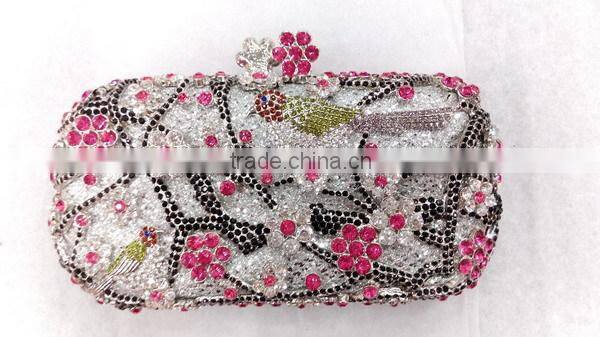 luxury flowers and bird pattern box clutch crystal stone evening bag