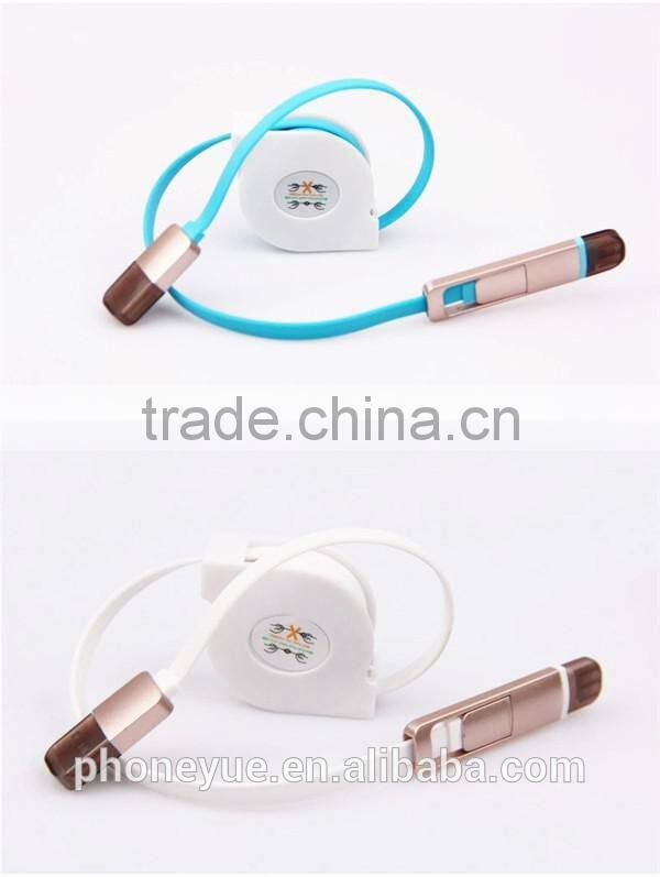 2 in 1 long custom retractable micro usb cable reel for iphone and for android