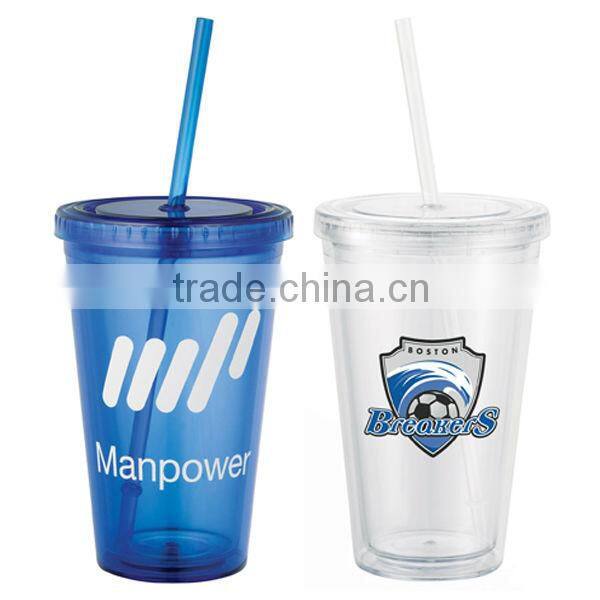 450ml/16oz BPA free plastic double wall tumbler with straw