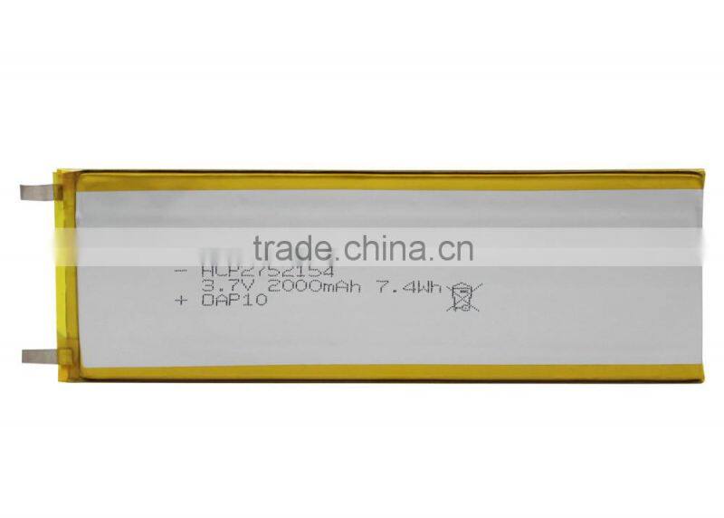 High capacity li polymer rechargeable 3.7v 2000mah battery for power bank charger