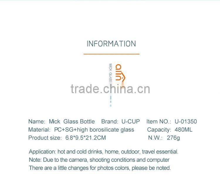 Wholesale promotional gift travel essential 480ml high borosilicate glass water bottle