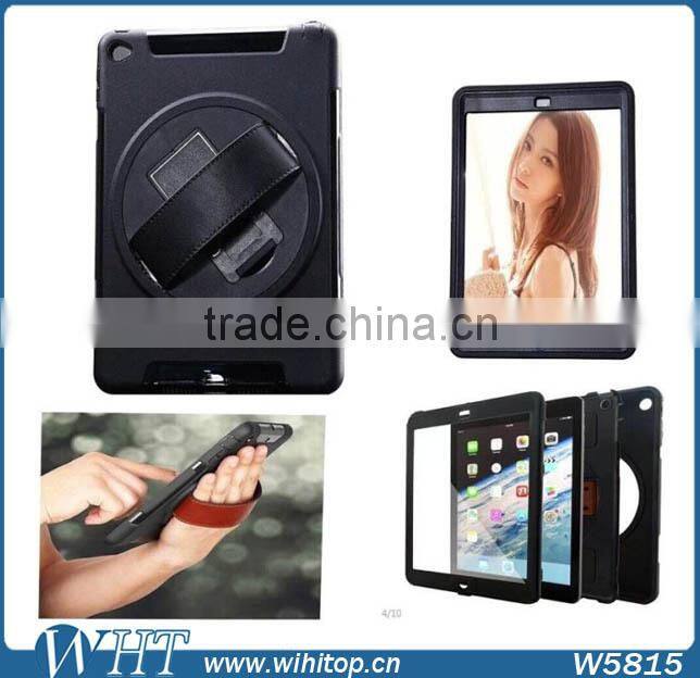 Genuine Leather Hand Strap Rotating 3 Layer Heavy Duty Hybrid Armor Case for iPad Mini 1 2 3, with Touchable Screen