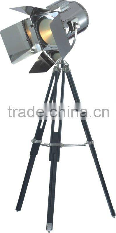 Black marine floor lamp with stainless steel shade and beech wood base