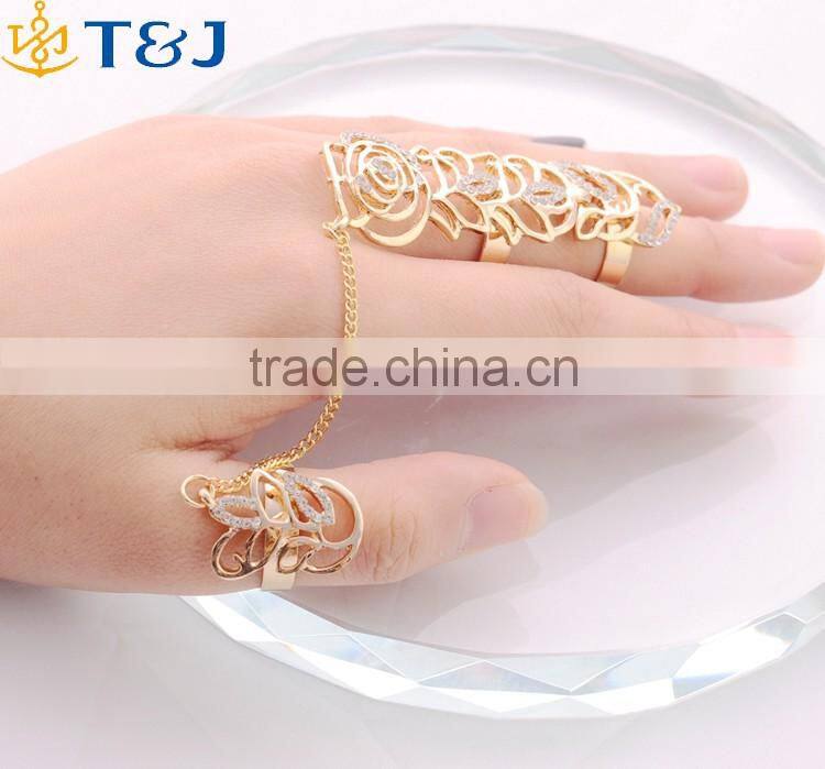 >>>2016 YIWU T&J New European style Vintage Punk Rings For Women Men Gold Plated rhinestone double finger chain Ring Sets/