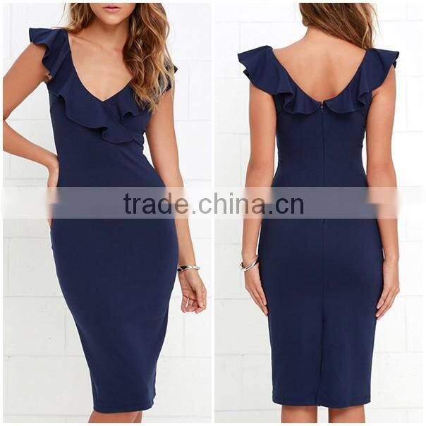 2016 Latest Ruffle Navy Blue Bodycon Midi Dress Designs