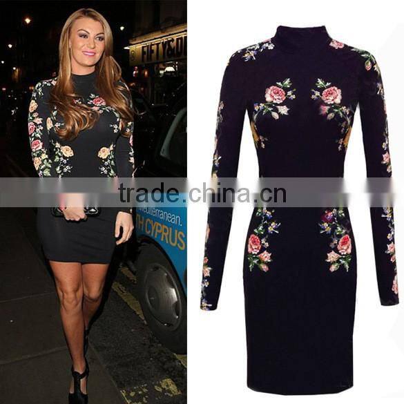 2016 Autumn New Arrival 3D Floral Print Stand Collar Bodycon Dresses Black Long Sleeve Midi Dresses OXL141117