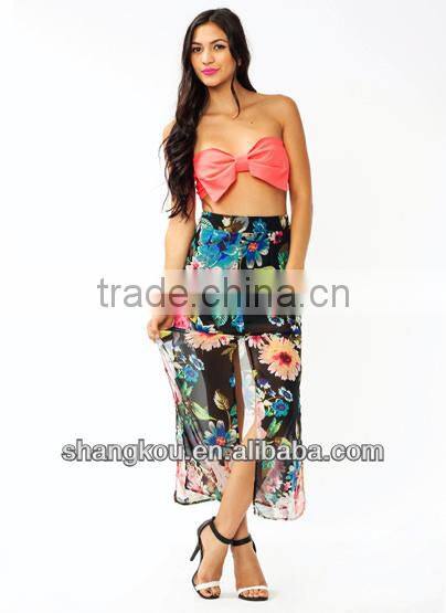 2016 Floral Printing Split bohemian skirts Latest Long Skirt Design shkJ 153