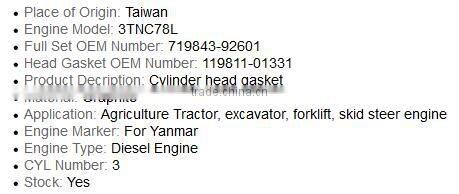 3TNC78L head gasket for Yanmar diesel forklift engine replacement parts
