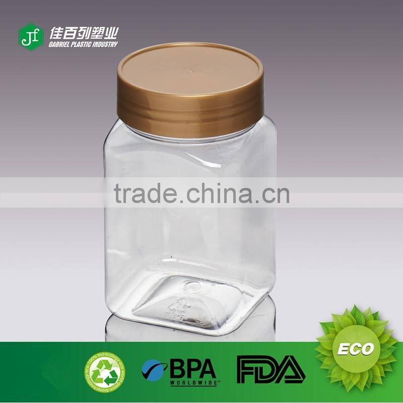Gold cap transparent plastic bottle Screen Printing Surface Handling plastic jar food grade square honey bottle