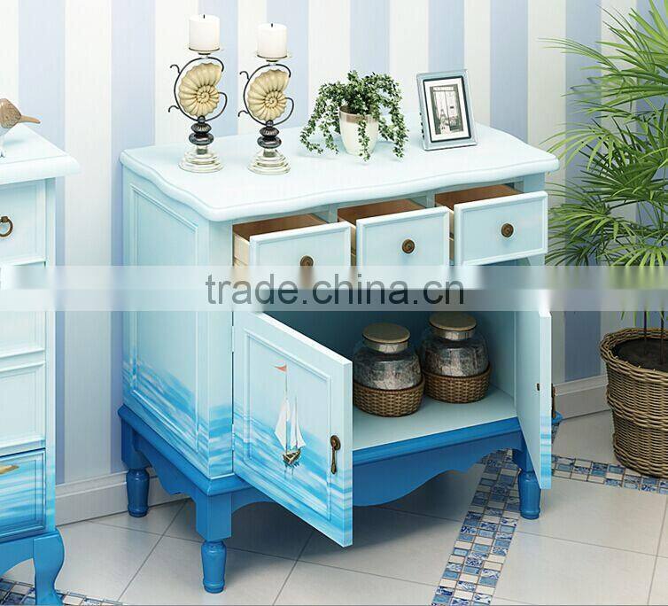 Mediterranean Style Storage Cabinet, Sailing Boat Handpainting Living Room Cabinet, Pastoral Solid Wood Cabinet (BF01-X1149)