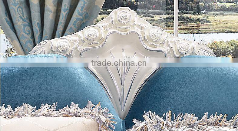 Warm blue color flower painting fabric corner sofa set