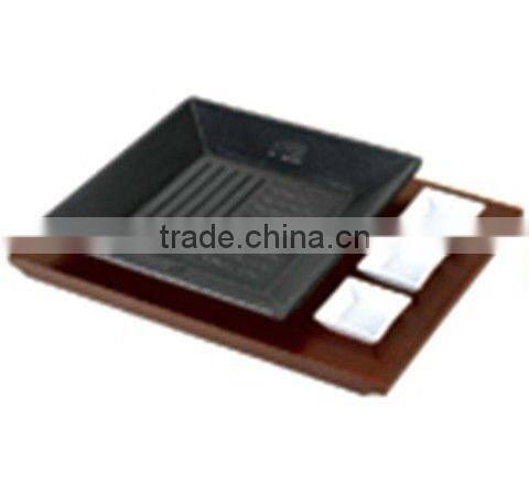 Cast iron steak baking pan with wood tray,grill plate