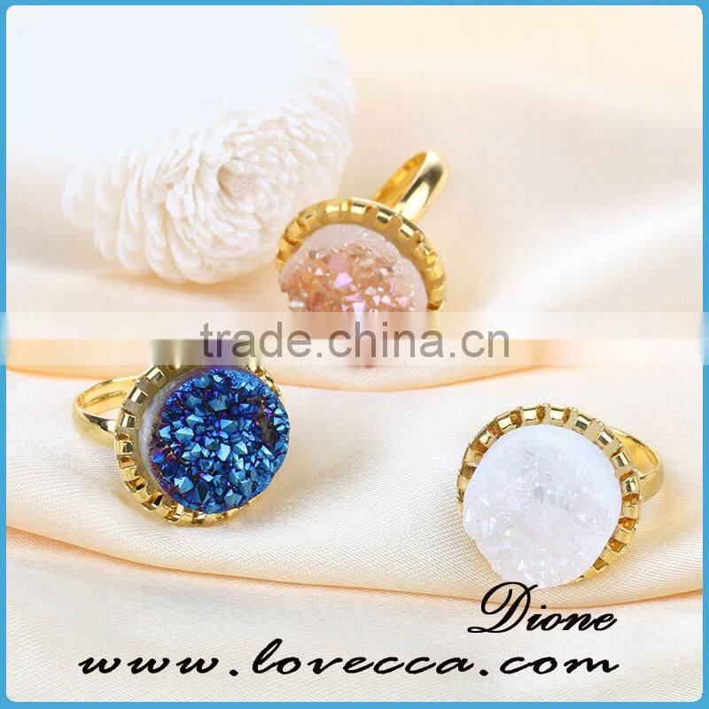 Gold plated Adjustable Round Natural White Druzy Silver Ring