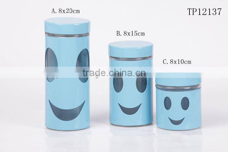 new design wholesale glass jars with smile stainless steel coating TP12137