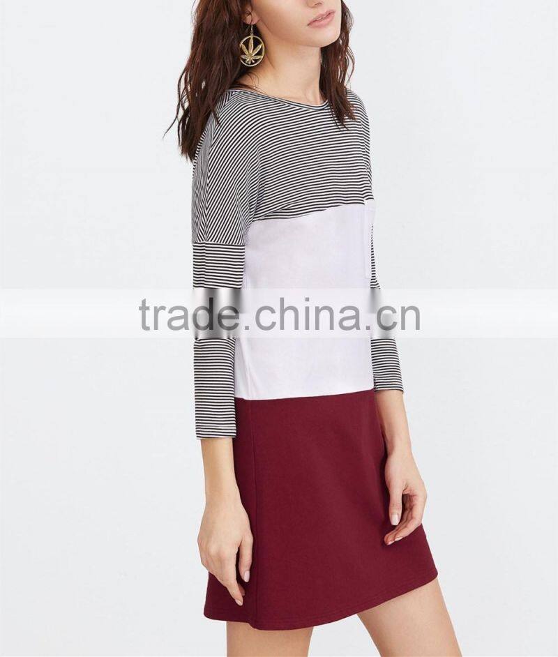 Color Block Drop Shoulder Pocket Front Tee Dress Spring Dress New Arrival 2017 Women Long Sleeve T-shirt Dress