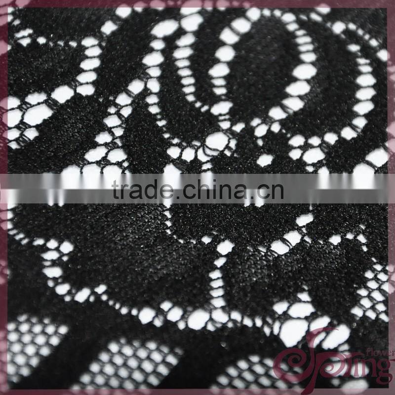 Black roset tricot fabric lace with tassel fringe, fashion swiss lace for dress