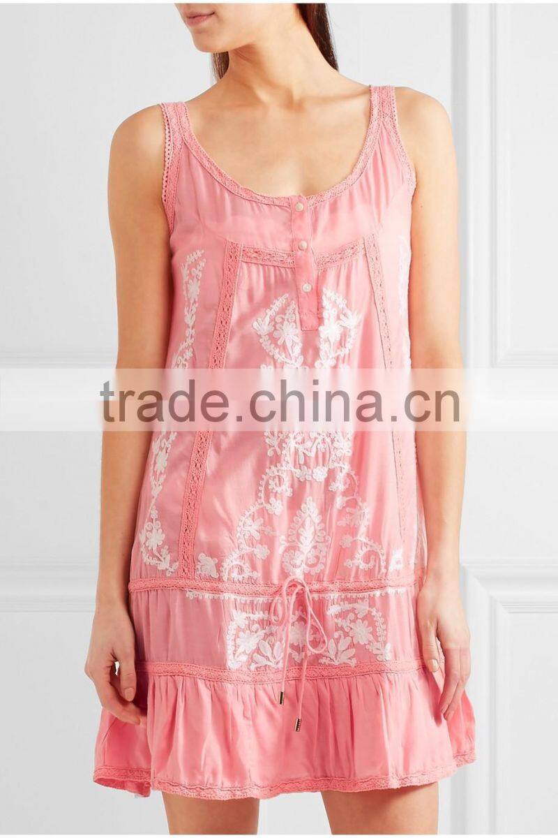 Pretty Boho Crochet-Trimmed Mexican Embroidered Semi-sheer Voile Beach Mini Dress Names Of Girls Dresses HSD5890