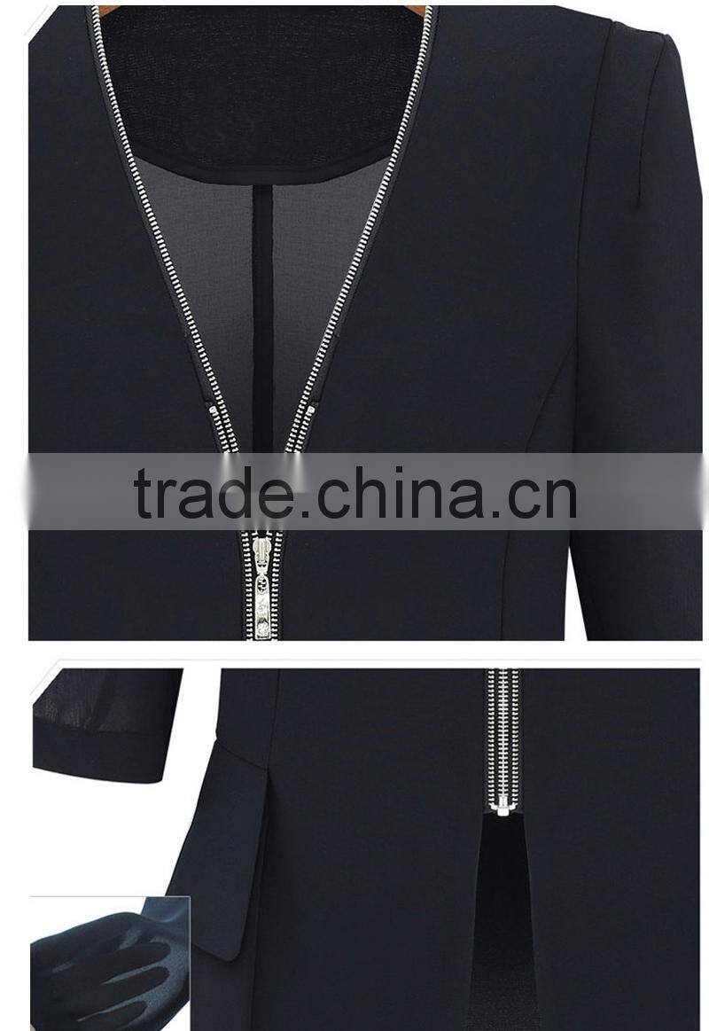 lady clothing garment manufacturer slim fit ruffle hem chiffon front zipper women autumn jacket 2015