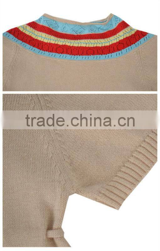 Spring girl's round neck jacquard pullover sweater with belt