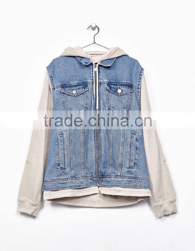 2017 wholesale plain denim jacket mens with contrast hooded sweatshirt